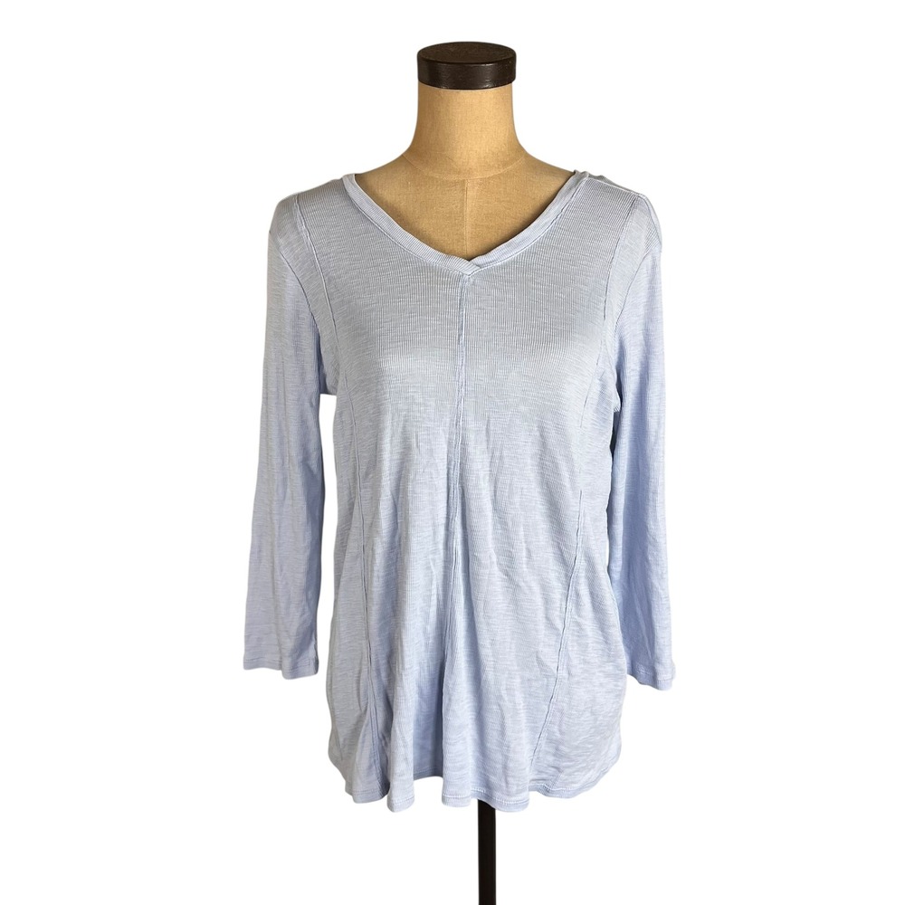 J.Jill Womens Light Blue‎ 100% Pima Cotton Ribbed V-Neck Top 3/4 Sleeve Size M